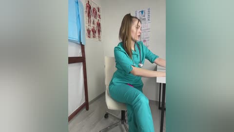Video of a female nurse in teal scrubs, seated at a desk, reviewing anatomical posters on white walls in a clinical setting.