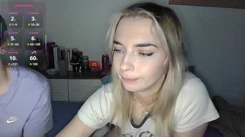 Video of a blonde woman with a fair complexion, wearing a white T-shirt, sitting indoors, looking down with a neutral expression.