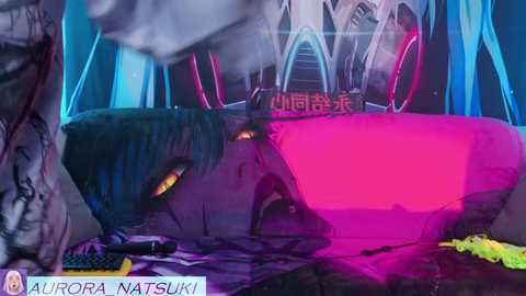 This is a CGI image featuring a futuristic, cyberpunk-style room with a large, glowing pink and blue bathtub. A figure with dark hair, blue skin, and glowing yellow eyes is submerged in the tub. The background has neon signs and abstract, angular architecture. The image is credited to \"Aluro Natsuki.\
