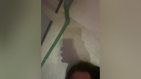 Video of a person with long dark hair, partially obscured, standing in a dimly lit, off-white room with a green plastic tube and a visible shadow on the wall.