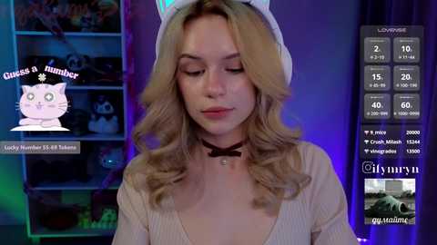 A video of a blonde woman in a white bunny costume with a black choker, surrounded by virtual reality game stats and a cat meme in the background.