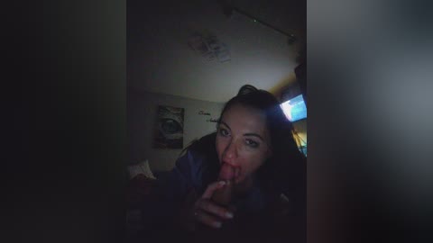 A dimly lit video shows a young woman with long dark hair and pale skin, performing oral sex on an erect penis. The room is cluttered with posters and a bed visible in the background.
