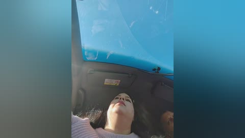 Video of a woman with long dark hair, wearing a white sweater, lying in a sunlit car with a cracked windshield, looking upward.