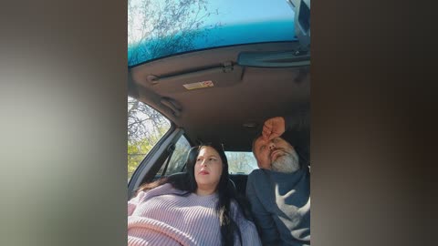 Video of a woman in a pink sweater and a man in a dark sweater, sitting in a car with a blue roof, surrounded by trees and greenery.