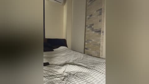 Video of a small, dimly lit bedroom with beige walls and a textured, beige stone accent wall. A dark blue headboard, white quilted bedspread, and a black phone on the bed are visible.