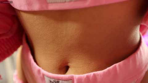 Video of a light-skinned woman's abdomen and lower chest, wearing pink sports bra with white text on the straps. The image focuses on the texture and shape of her skin, highlighting the natural folds and curves.