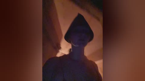 A video of a person wearing a conical hat, standing in a dimly lit, tunnel-like setting with warm, orange lighting. The individual's face is partially obscured by the hat's shadow.