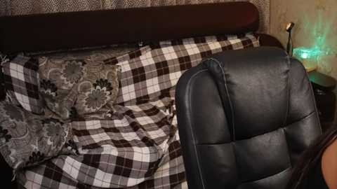 A video of a cozy bedroom with a dark wooden headboard, a plaid-patterned bedspread, a black leather chair, and a bedside table with a green lamp and a glass of water.