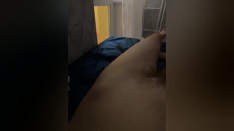 Video of a dimly-lit, narrow hallway with a person's lower torso and leg in view, wearing dark clothing. The background includes a blue sheet and a white curtain.