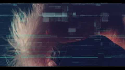 This digital artwork features a dark, futuristic scene with abstract, flowing lines in shades of red, blue, and white, reminiscent of a data stream or energy field. The background is dark, almost black, with a glowing red light at the top right corner.