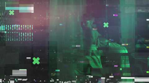This is a digital image resembling a glitched video feed, with abstract green and white geometric shapes, blurred text, and a mix of dark and light tones, creating a surreal, futuristic atmosphere.