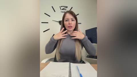 Video of a young woman with long, blonde hair, wearing a gray sweater, seated at a desk with a spiral notebook and pen. She has her hands on her neck, appearing surprised. Background shows a clock and wall decor.
