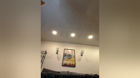 Video of a modern living room with beige walls, a dark gray sofa, a colorful abstract painting, and two wall-mounted, silver, minimalist sconces with clear glass shades.