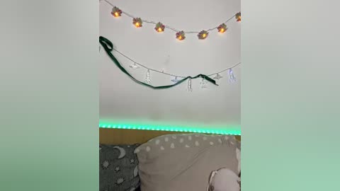 Video of a cozy bedroom with a snake-shaped garland, fairy lights, and a gray bed with a polka-dotted pillow, lit by a green LED strip.