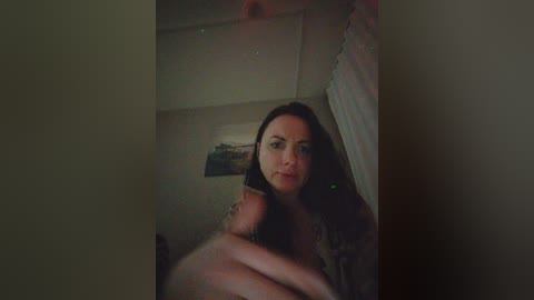 A dimly lit video of a topless woman with long dark hair, sitting in a small, dimly lit room with a framed picture on the wall.