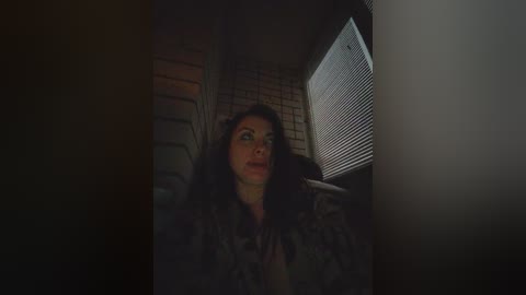 A dimly lit video shows a woman with long dark hair, wearing a patterned shirt, looking out a window with blinds partially open, revealing a brick wall outside.