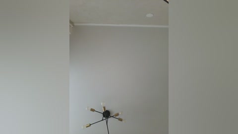 Video of a minimalist ceiling with a single light fixture featuring a black base and five cylindrical white bulbs, mounted on a smooth, white wall. The image has a modern, clean aesthetic.