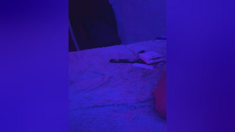 A dimly lit video of a cluttered bedroom, bathed in purple light, showing a messy bed with a crumpled white sheet, a black remote control, and a red pillow. The walls are dark, and the room's disarray is evident.