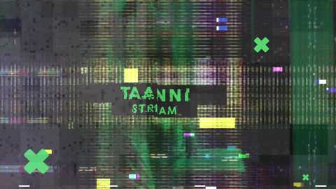 A video showing a digital screen displaying the TAASTI Stream logo in green text with a green arrow symbol. The background is a pixelated, glitchy green and black display with scattered green and yellow squares.