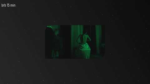 A dark, grainy screenshot from a video game, featuring a green-tinted room with a character's back visible, seated at a table.