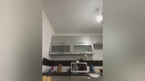 Video of a minimalist, modern kitchen with white cabinets, black countertops, a microwave, and a bright ceiling light, framed by white walls.