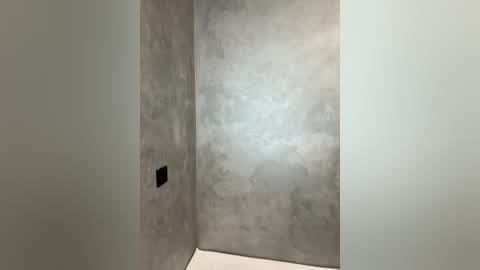 Video of a minimalist, empty room with two light gray walls and a textured, gray concrete wall in the background. A small black electrical outlet is visible on the left wall.