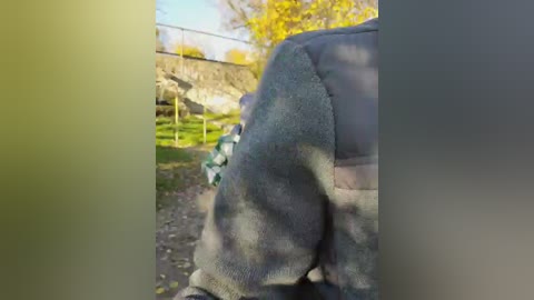 Video of a person in a dark jacket and fur-lined boots, standing in a sunny park with yellow leaves and a green fence in the background.