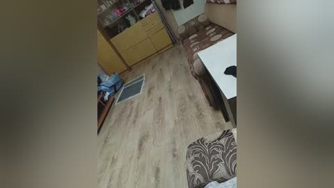 A video of a cluttered, dimly lit room with a beige carpet, wooden floor, a brown patterned sofa, and a messy shelf of items.