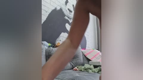 Video of a young person with light skin and a slender build, wearing a light-colored shirt, standing in a cluttered room with a gray couch, a white brick wall, and a pink and white checkered blanket.