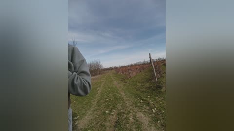 A video showing a blurred figure in a gray hoodie walking on a dirt path bordered by a wooden fence, with a vineyard and a cloudy sky in the background.