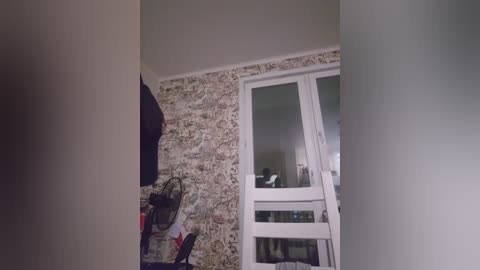 A video of a partially lit bedroom corner with a textured wallpaper backdrop, featuring a black TV, a white-framed glass door, and a black shelf with scattered items.