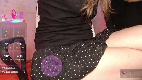 Video of a woman's lower body in a black polka-dot skirt, sitting on a red sofa. Background includes a colorful, abstract wall art and a digital display with game statistics.