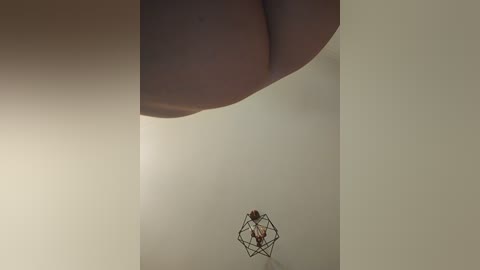 Video of a nude woman with large breasts and round buttocks, standing in front of a minimalist, beige wall with a small, geometric light fixture.