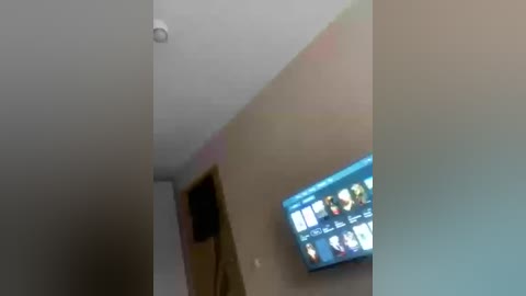 Video of a narrow hallway with a flat-screen TV mounted on a beige wall, displaying a blue and white menu screen. The ceiling is white with a single ceiling light. The setting appears modern and minimalist.