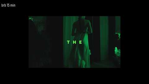A dimly lit video featuring a nude, slender, Caucasian woman with long hair, standing in a dark, shadowy room. The word \"THE\" is illuminated in green on a digital screen, with \"15 min\" displayed above.