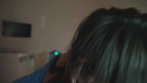 A dimly lit video shows a person with long, dark hair, facing away, with a green light visible on a device held in their hand. The background features a muted, out-of-focus room with a flat-screen TV.