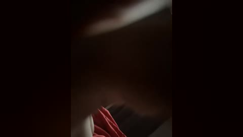 A dimly lit video of a person with a red shirt and blurred face, set against a dark background, creating a mysterious and somber atmosphere.