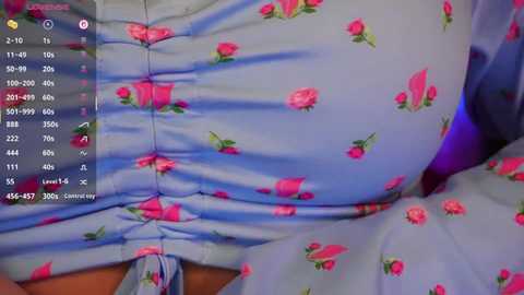 A video of a woman's chest in a light blue dress with pink flower patterns. The dress is cinched at the waist, accentuating her curves. The background is blurred, with a digital interface showing various statistics on the left side.