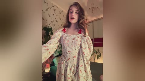 Video of a young, light-skinned woman with wavy brown hair, wearing a floral dress, standing indoors with wallpaper and potted plants in the background.