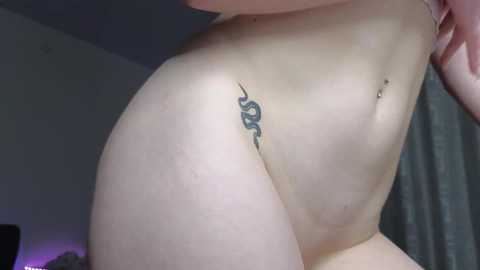 Video of a light-skinned person with a tattoo of a snake on their left ribcage, showing a partially nude upper body in a dimly lit room with grey curtains.
