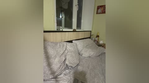 A video of a messy bedroom with two unmade beds covered in white and gray patterned sheets. A window with white blinds is partially visible, casting shadows. The room's walls are painted in a soft yellow color, and a small, framed picture hangs on the wall.