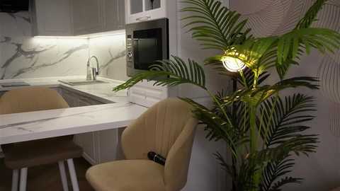 Video of a modern kitchen with a beige upholstered chair, white countertops, and a large green potted plant near a microwave. The background features marble-like countertops and a white backsplash with grey veins.