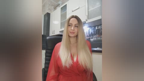 Video of a blonde woman with long hair, wearing a red blouse, seated in a modern kitchen with white cabinets, black countertops, and a glass display.