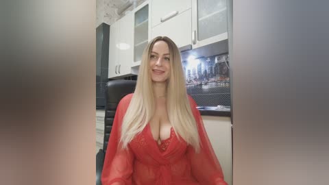 A video of a fair-skinned woman with long, straight blonde hair, wearing a red lace lingerie dress, sitting in a modern kitchen with white cabinets and a mosaic backsplash.