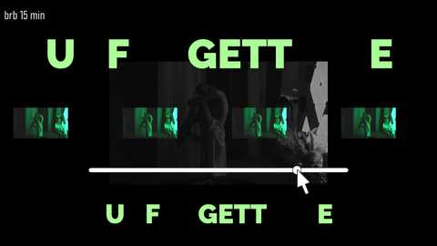 Video of a black screen with \"U F GETT\" in large, green letters, followed by a white cursor. Smaller, green video clips of a woman in a dark room, suggesting a game or movie interface.