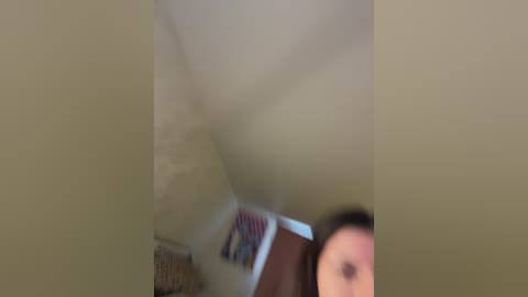 A video of a woman with light skin and shoulder-length brown hair, standing in a dimly lit room with beige walls. A framed poster of a colorful landscape hangs on the wall.