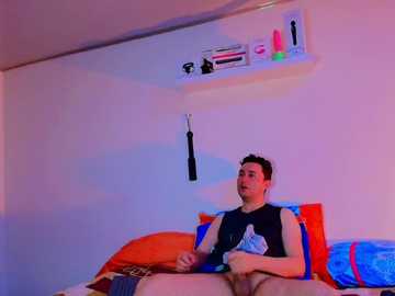 Video of a young man with short brown hair, wearing a black sleeveless shirt, lying on an orange bed with blue pillows. A wall-mounted shelf displays sex toys in a room with pink lighting.