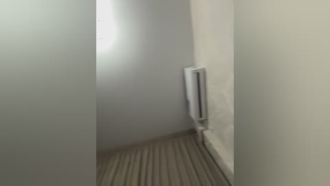 Video of a narrow, dimly lit hallway with beige walls and a textured, beige carpet. A white radiator is mounted on the right wall, partially visible. The room feels sparse and utilitarian.