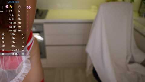 A video of a modern kitchen with a blurred figure in a white towel and red underwear. A digital interface overlays the scene, displaying a list of numbers and symbols.