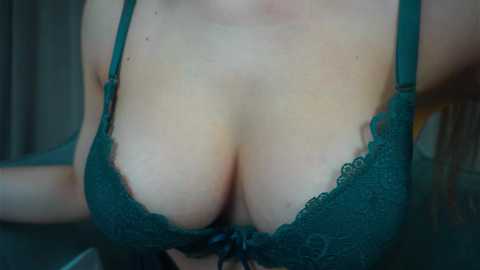 A close-up video of a woman's cleavage, showcasing her ample breasts in a green lace bra. The background is blurred, suggesting an indoor setting with neutral-colored curtains. The image focuses on the texture of the lace and the woman's skin tone.